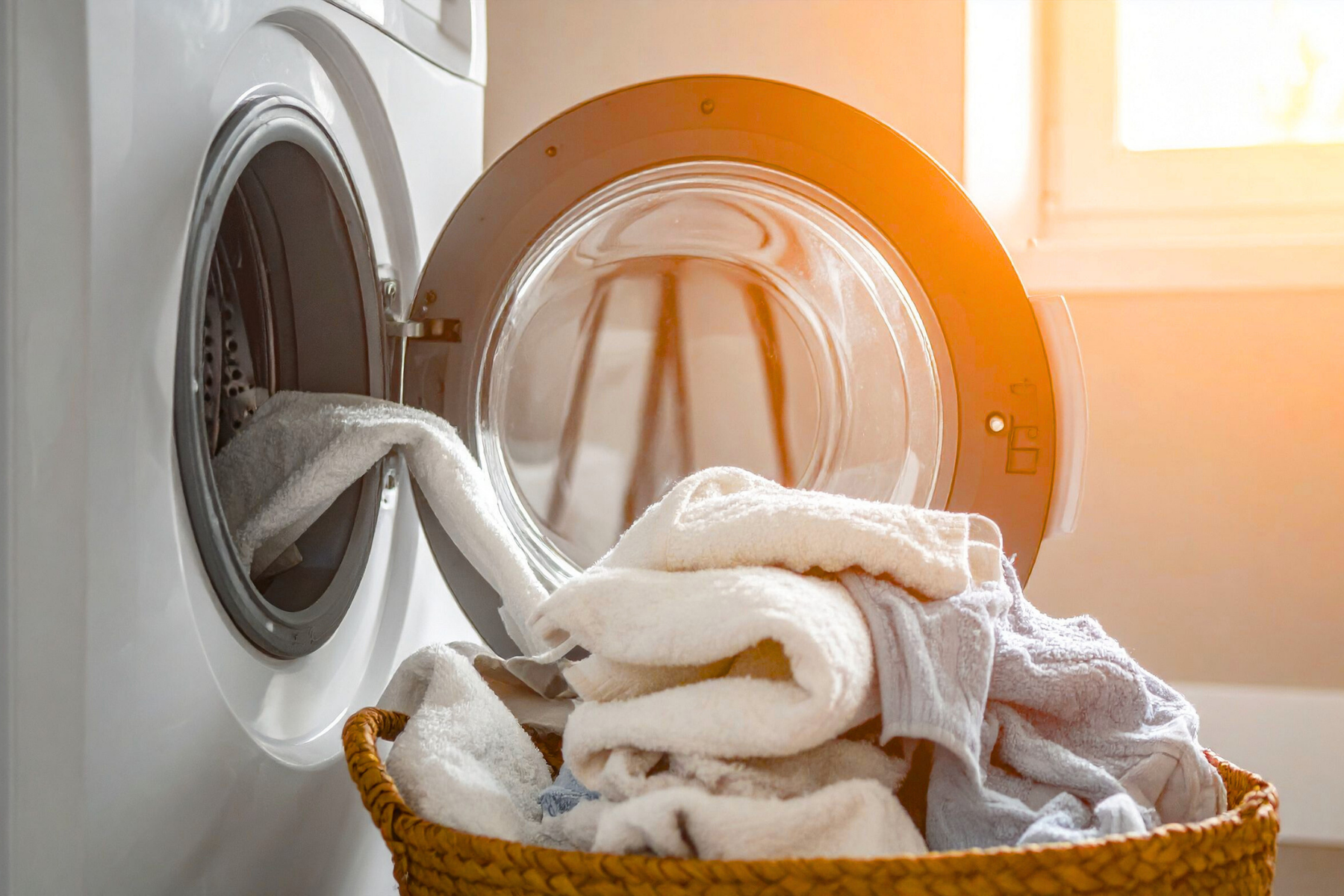 White washing machine with orange door and laundry basket